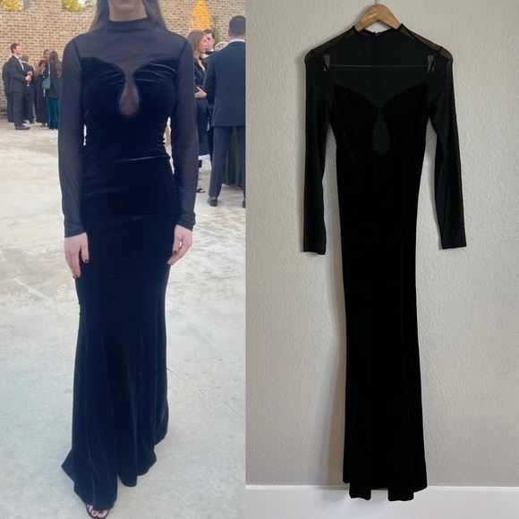NWOT Alluring Fixation Black Velvet Mesh Long Sleeve Maxi Dress - Picture 3 of 9